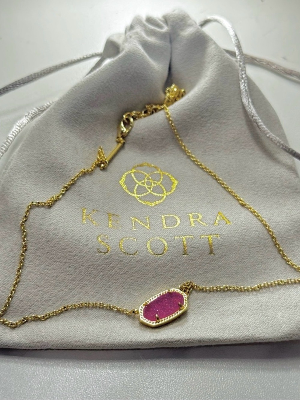 Kendra Scott Elisa Gold Tone Pink Druzy Pendant Necklace w/ Box & Dust Bag